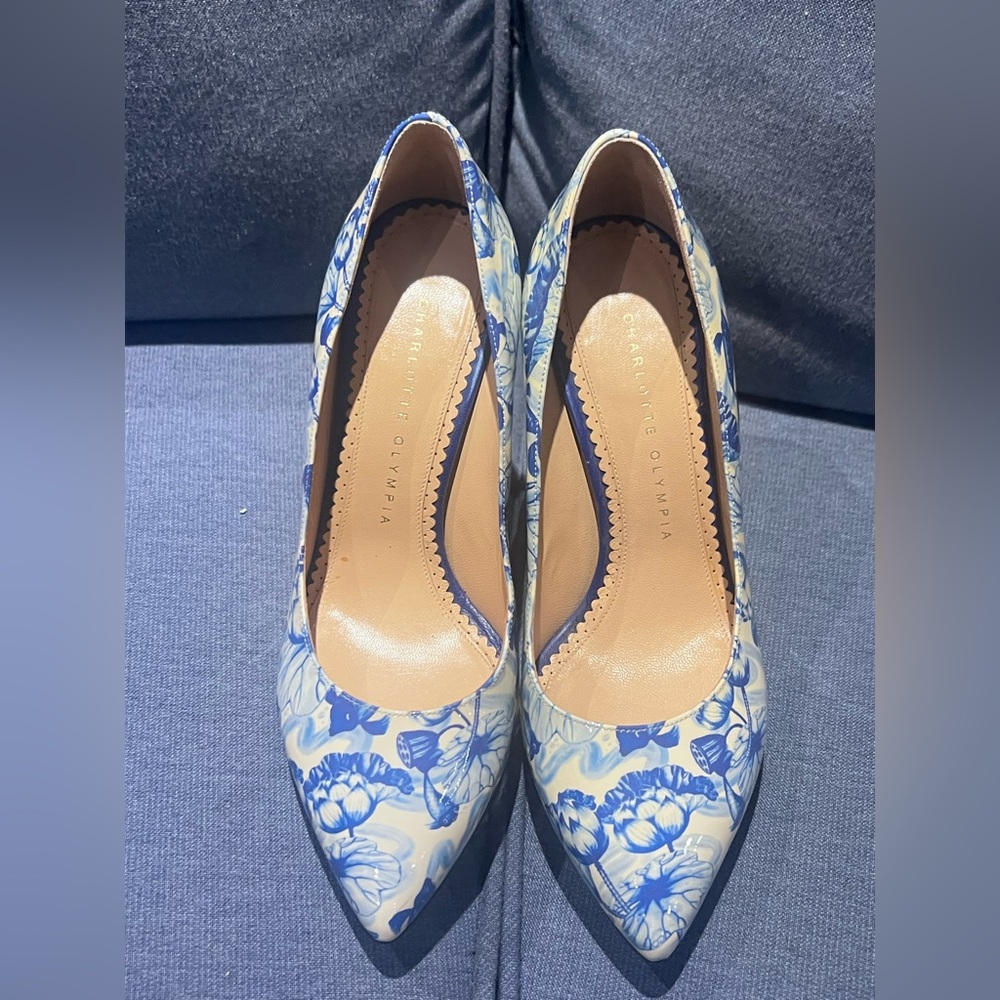 Charlotte Olympia Cream and Blue Floral Pumps